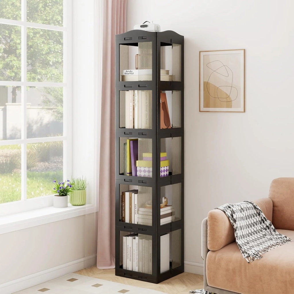 Libreria Girevole Pieghevole, Scaffale Traslucido Girevole a 360° con Base Rotante, Scaffale Alto Angolare da Esposizione per Soggiorno, Studio (Nero,5 Livelli)