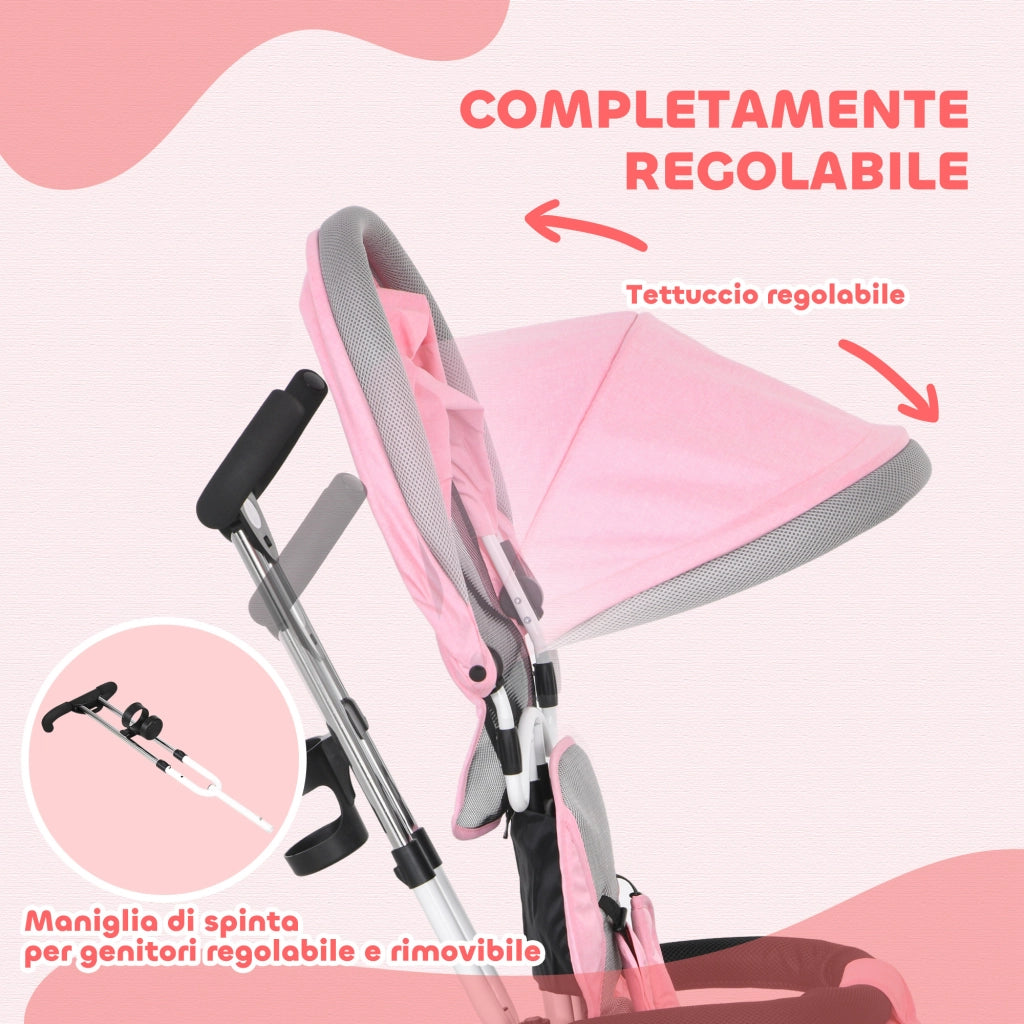 Triciclo 6 in 1 per Bambini ¨C Xylo ¨C con Maniglione, Tettuccio Regolabile e Cintura di Sicurezza, Rosa, 1-5 Anni