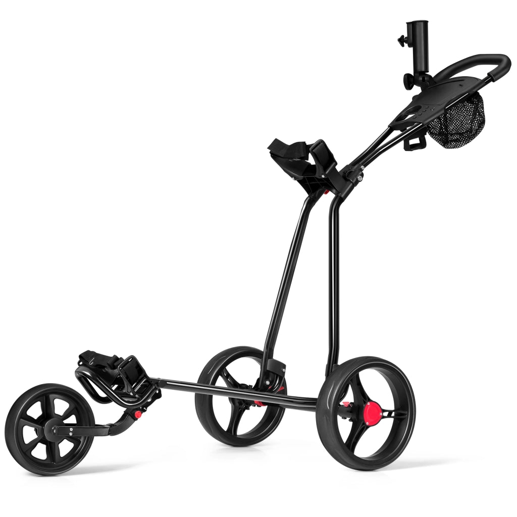 Carrello da golf in ferro pieghevole con maniglia regolabile, Carrello da golf con 3 ruote e freno a pedale Nero-Golf
