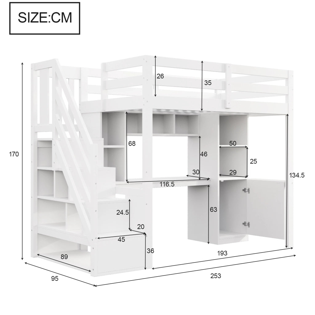 Letto a soppalco 90 × 200 cm con scrivania, scale contenitore, ripiani, LED e prese europee, senza materasso, bianco