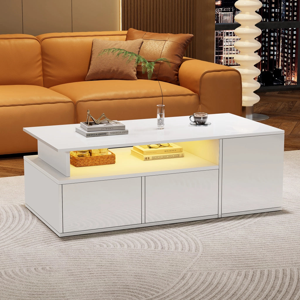 TAVOLINO DA SALOTTO 100x50x35 cm Bianco Lucido con LED e 2 Cassetti