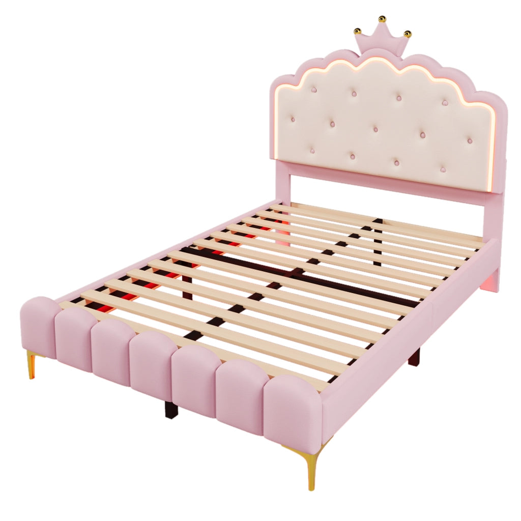Letto Princess in PU rosa 140x200 cm con rete a doghe, luci LED ambientali e piedi in metallo