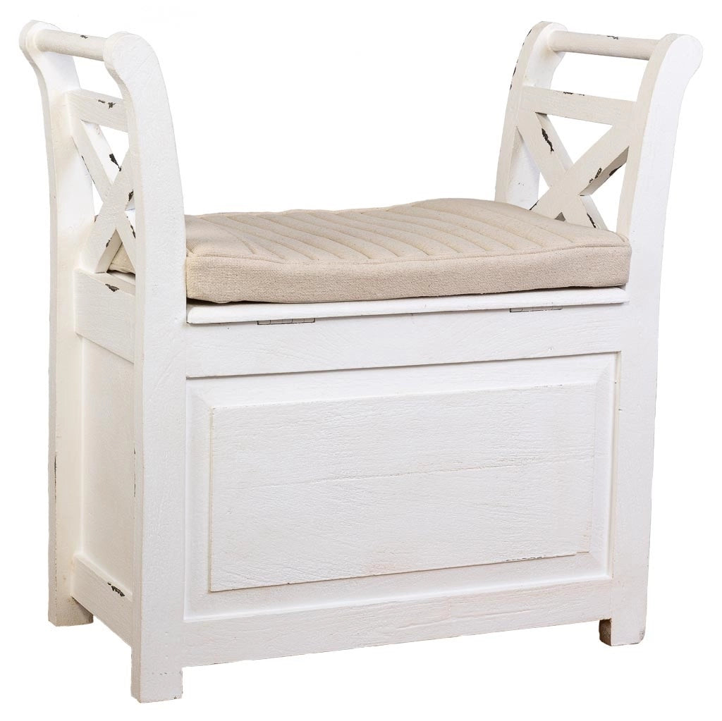 Sgabello in legno e metallo con cuscino bianco 72x33x73h