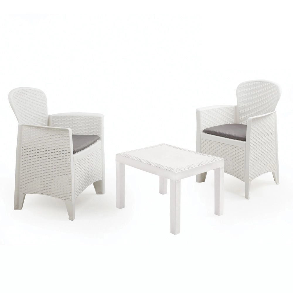 Trade Shop - Set Salotto Con Tavolino 2 Poltrone Bianco Effetto Rattan Con Cuscini Giardino 591073 -