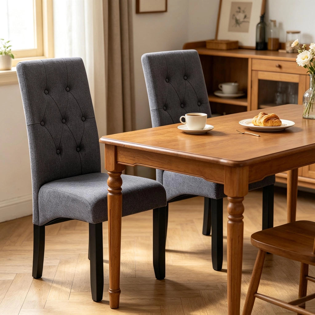 Set di 2 sedie da pranzo imbottite in lino grigio scuro con schienale alto e gambe in legno massello