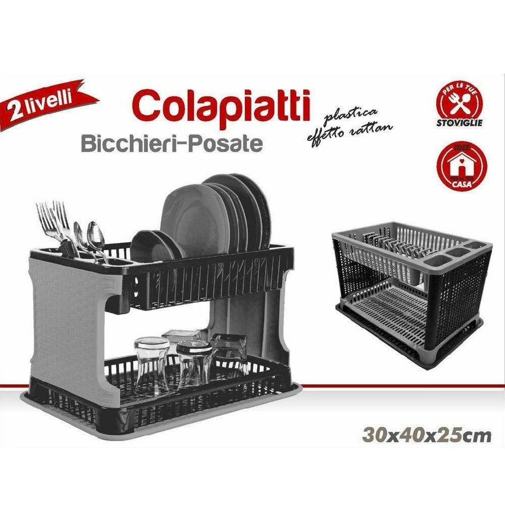 Trade Shop - Scolapiatti In Plastica Effetto Rattan 2 Ripiani Piatti Posate Bicchieri Grigio -
