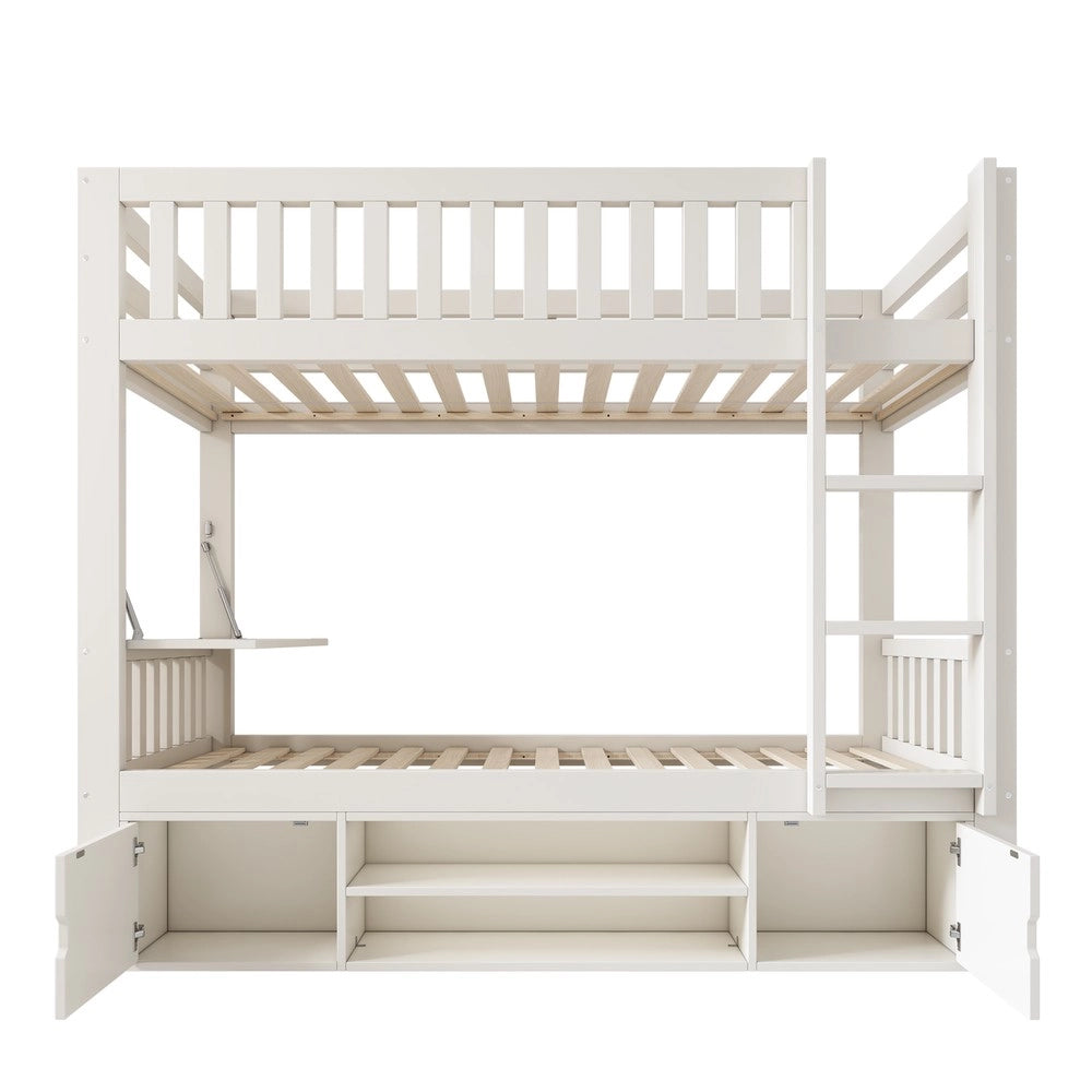 Letto a Soppalco Bambini 90x200 con Tavolo e Scarpiera ¨C Xylo ¨C Bianco, Legno, Rete a Doghe