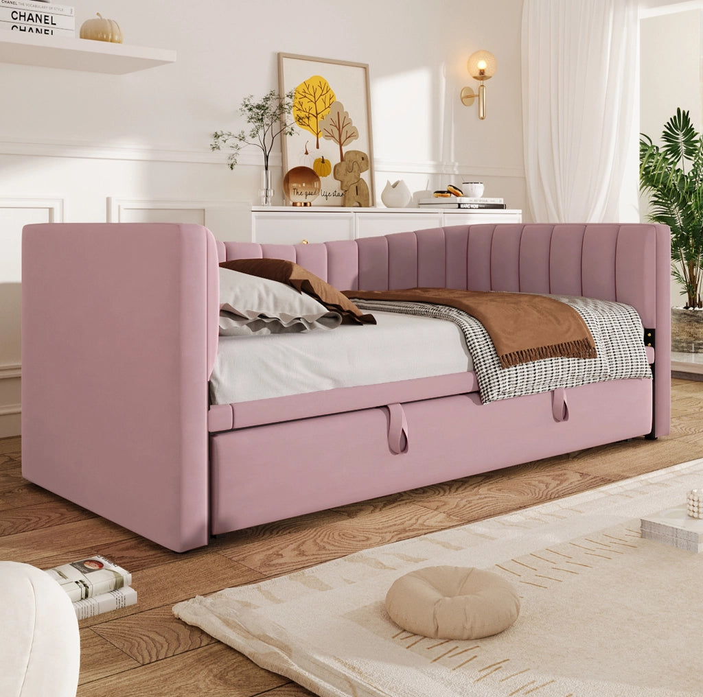 Divano letto 90x200 cm (180x200 cm) con letto estraibile in velluto rosa