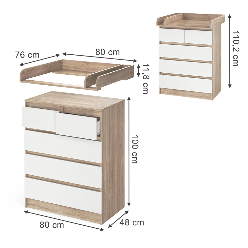 Vicco Fasciatoio Sonoma/Bianco 80 x 110.2 cm con 5 cassetti