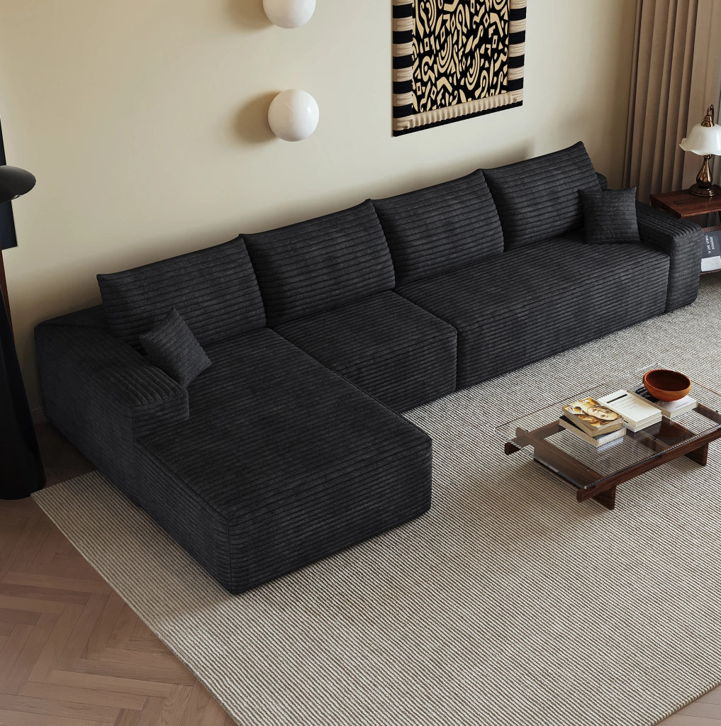Divano modulare 340x175x83 cm in tessuto a coste nero; imbottitura in schiuma elastica