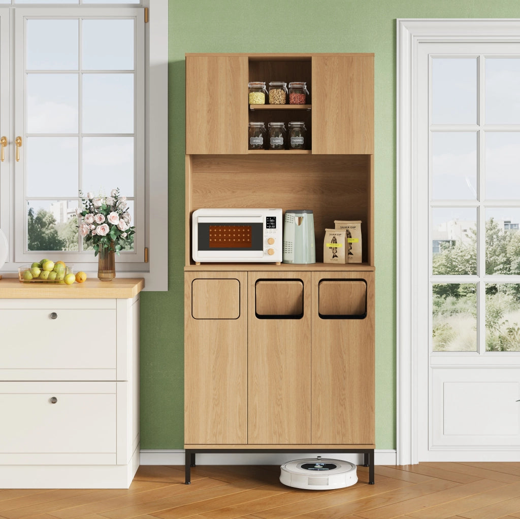 Mobile per raccolta differenziata 80x35x181 cm con 3 scomparti in MDF naturale
