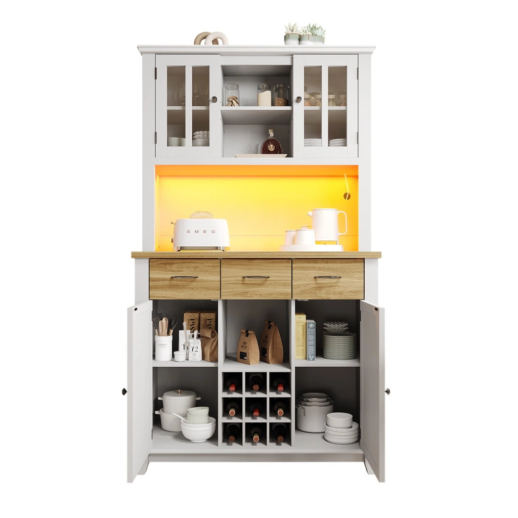 Credenza con Vetrina e LED ¨C MINIMAL ¨C Legno, Ripiani Regolabili, Cassetto, 106x40x179.5