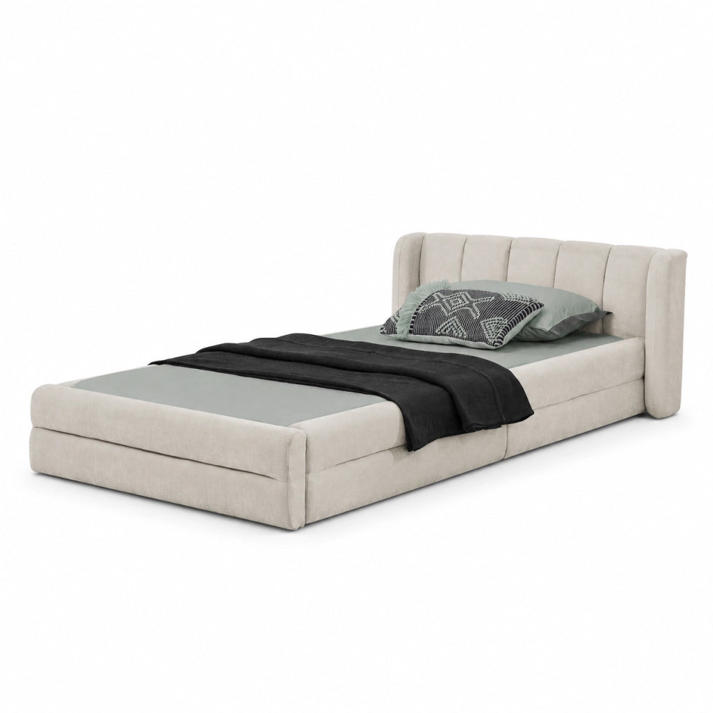 Letto 90x200 cm con testiera ergonomica e struttura stabile in chenille beige