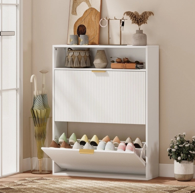 Scarpiera ULEVR 80x24x102,5 cm con 2 vani a ribalta e ripiano superiore, bianca