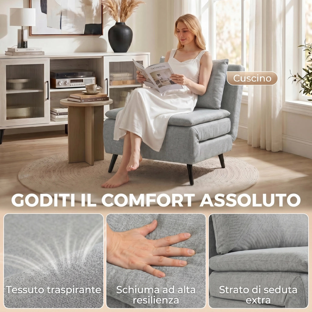 Poltrona Letto 75x88x78 cm con Schienale Regolabile e Cuscino in Tessuto Effetto Lino Grigio Chiaro