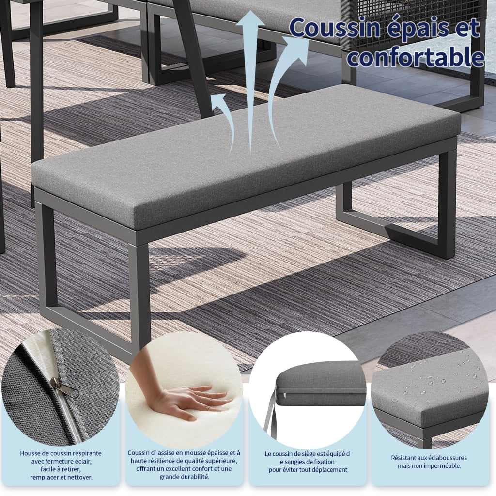 OKWISH Set da giardino da 5 pezzi con 3 divani a 2 posti, 1 panca e 1 tavolo, in rattan PE, Grigio