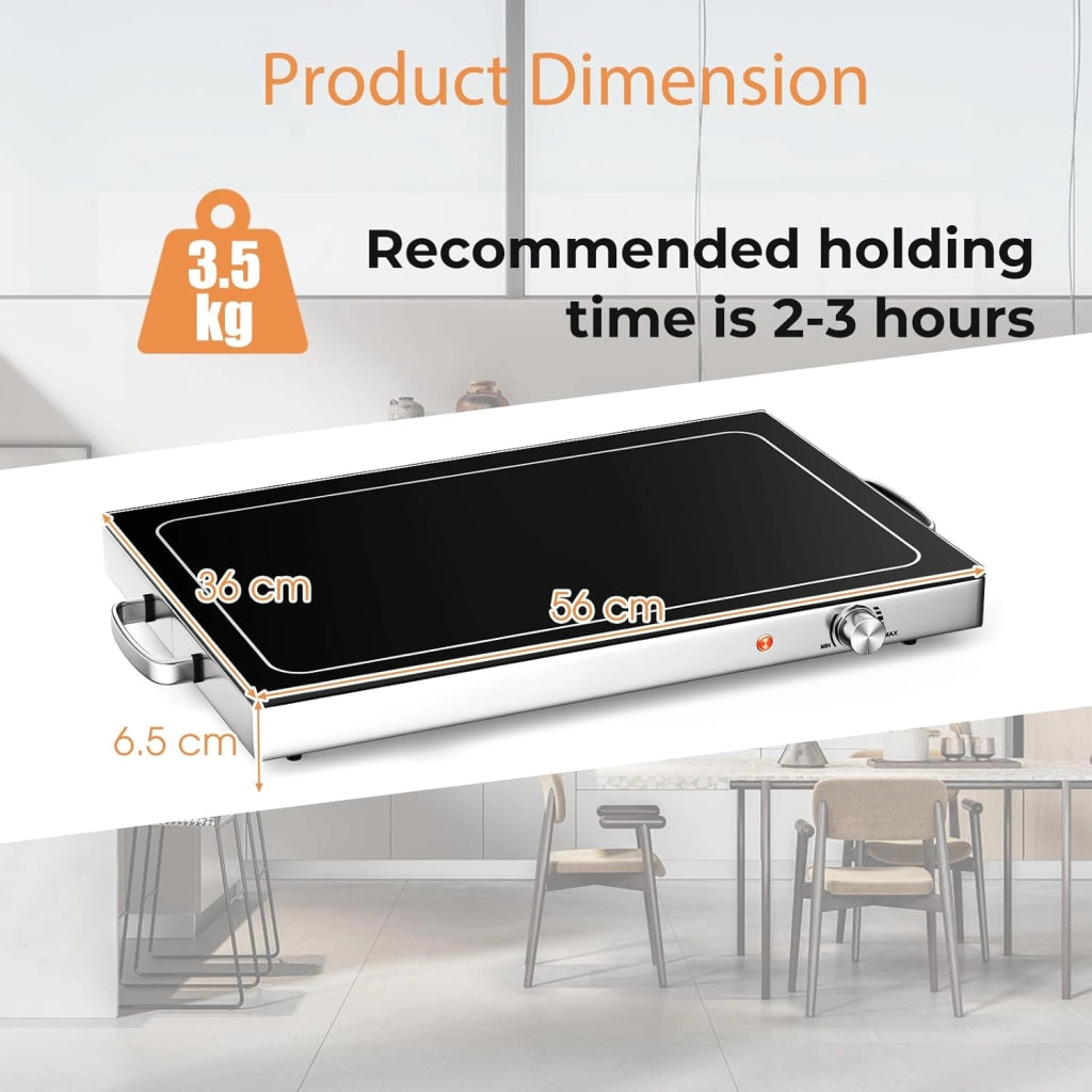 Vassoio Scaldavivande Elettrico 300 W, Scalda Vivande Temperatura Regolabile 50-120℃, Vassoio 56 X 36 CM, con Maniglia Cool-Touch, Superficie in Vetro Temperato, per Famiglia, Feste, Picnic