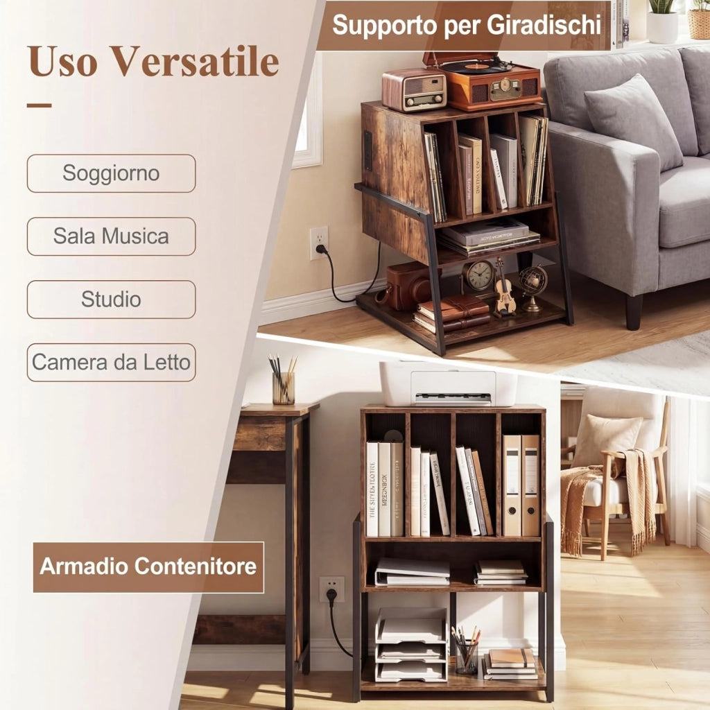 Supporto per Giradischi, Mobile Porta Giradischi con 4 Scomparti e Ripiani Aperti, Scaffale per Dischi in Legno con Ruote e Piedini Regolabili (Marrone Rustico, Con Presa di Corrente)