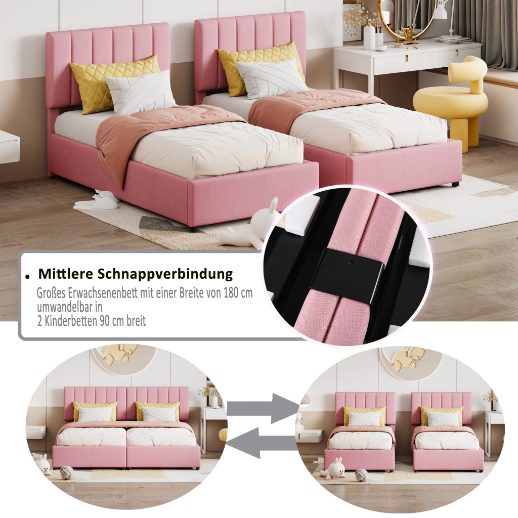 Letto contenitore matrimoniale; vano e testiera regolabile; 180×200 cm e 2×90×200 cm; senza materasso; rosa