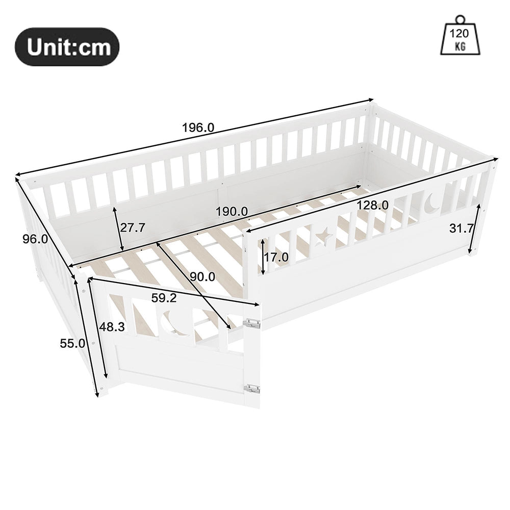 Letto a pannelli bambino 90x190 cm - Xylo - con sponde, decor stelle e luna, senza materasso, bianco