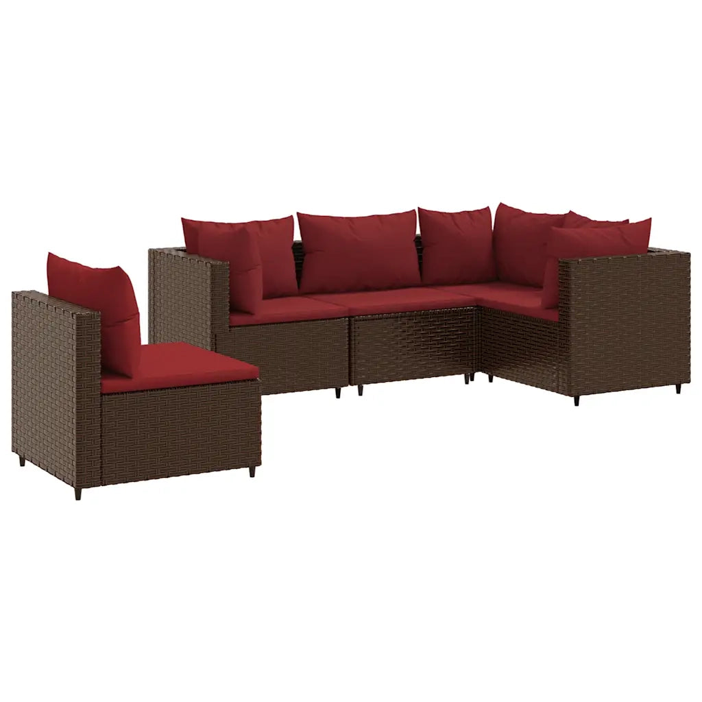 Set Divani da Giardino 5 pz con Cuscini Marrone in Polyrattan