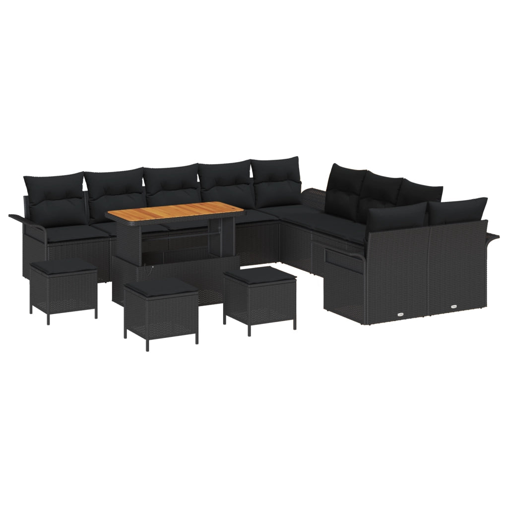 Set da giardino  di 14 pezzi con cuscini neri in polyrattan e acacia