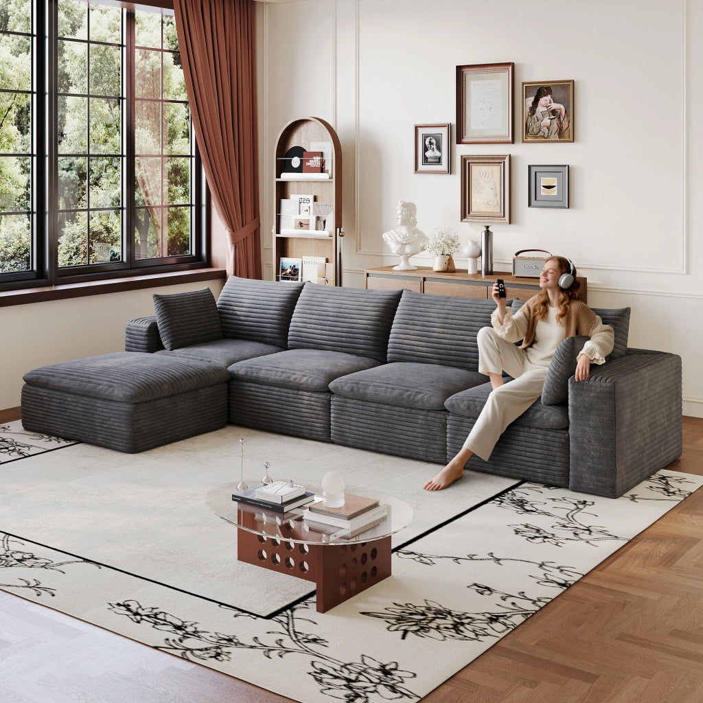 Divano 3 Posti in Velluto a Coste ¨C MINIMAL ¨C Grigio Scuro, 340cm, Imbottito, Cuscini
