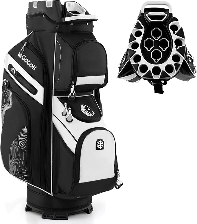 Borsa Carrello da Golf, Sacca da Golf con Serratura e Divisori a 14 Vie, 11 Tasche, Sacca Isolante, Tracolla Imbottita, Maniglie, Porta Ombrello e Cappuccio Antipioggia
