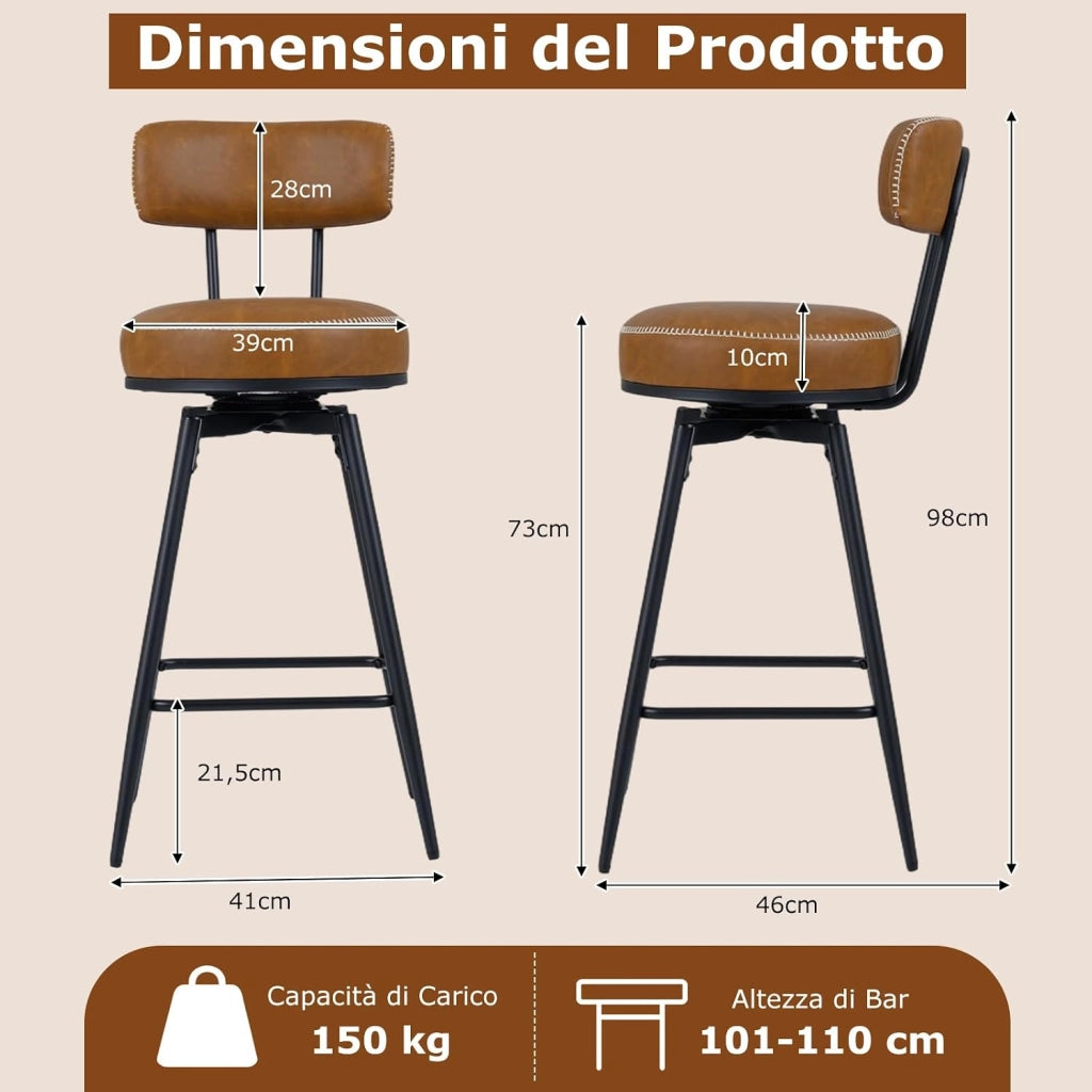 Set di 2 Sgabelli Girevoli, Sedie da Bar Moderne con Schienale Imbottito, Poggiapiedi e Gambe in Metallo, Sgabelli Imbottiti in Similpelle per Isola Cucina e Sala da Pranzo (Marrone, Rotondo)