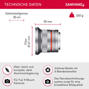 Obiettivo grandangolare a focale fissa 12mm F2.0 APS-C compatibile con Fuji X - APS-C, MF - per fotocamera X-T5, X-H2, X-H2s, X-T4, X-T30, X-T30 II, X-T200, X-Pro3, X-A7, X-T100, X-T3 Argento