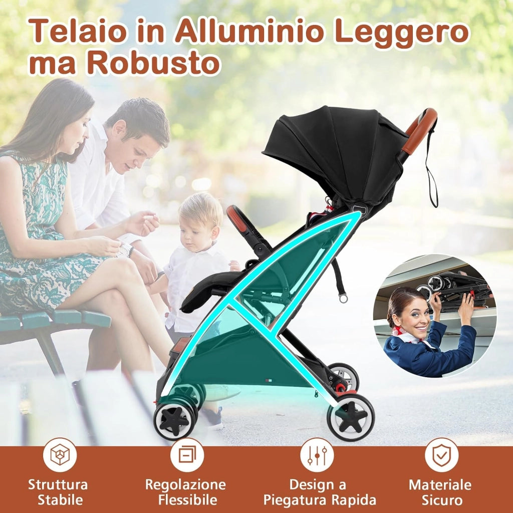 Passeggino Leggero per Bambini, con Schienale e Poggiapiedi Regolabili, Cappottina e Zanzariera, Compatto e Pieghevole, per Bambini 0-3 Anni, fino a 15 kg (Nero)