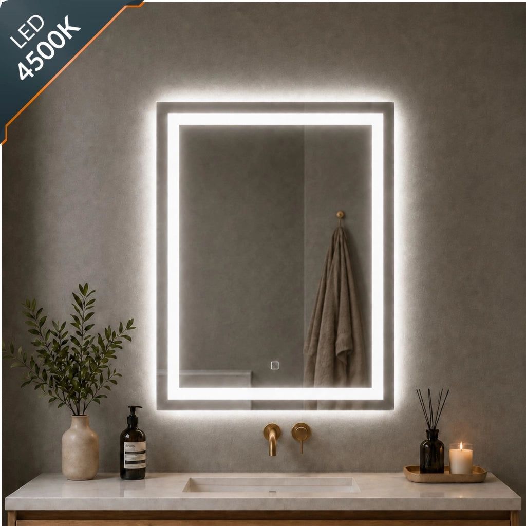 Specchio da bagno ed ambienti rettangolare con cornice led e interruttore touch *** misure 70x90 cm, tonalità dimmer...