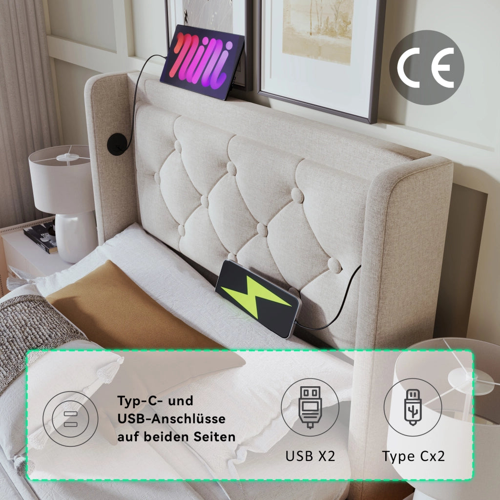 Letto singolo idraulico – 90x200 cm – USBC LED 3 lati con materasso – cotone beige