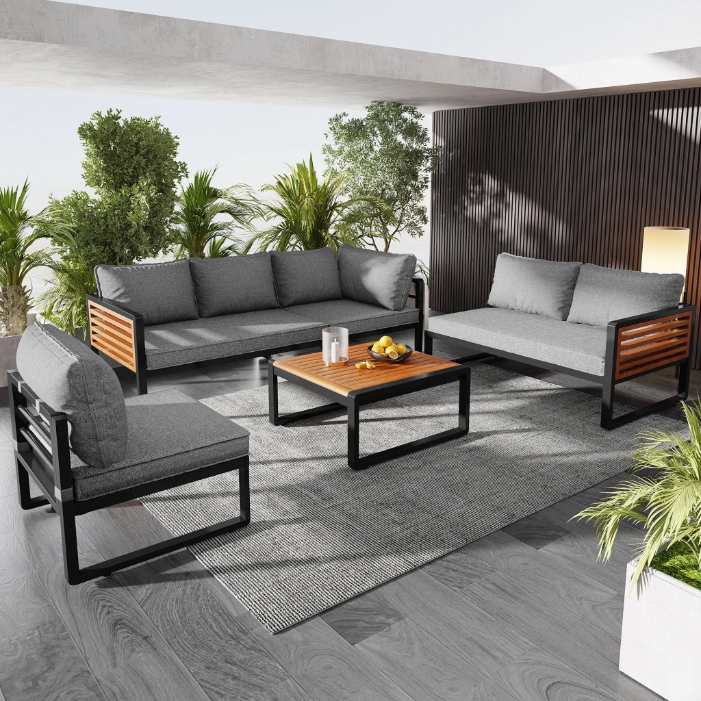 Set Divano da Giardino 5-6 Posti con Braccioli in Legno ¨C MINIMAL ¨C Polyrattan, Metallo