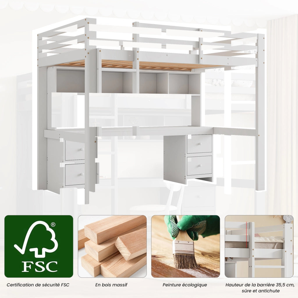 Letto a Soppalco Singolo con Scrivania; 4 Cassetti e 4 Ripiani; 90×200 cm; senza Materasso; Bianco