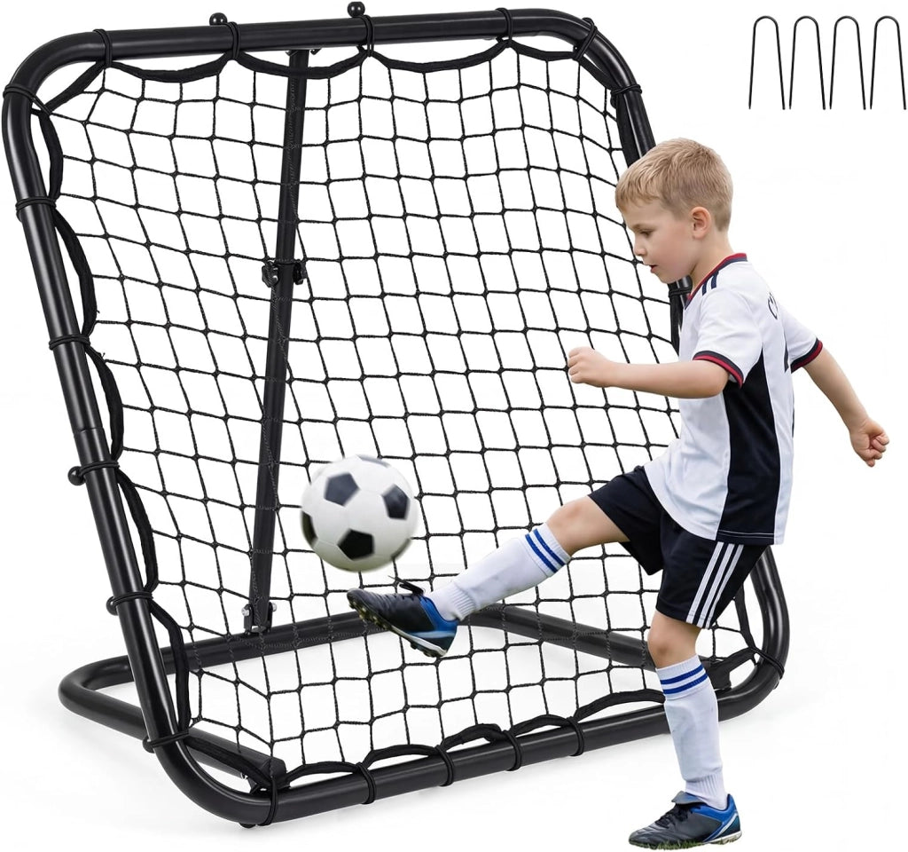 Rete Rimbalzo Calcio, Rete Calcio Rimbalzante Pieghevole da Giardino con 4 Altezze Regolabili, Telaio in Metallo e Picchetti, Porta da Calcio per Bambini, 83,5 x 52 x 77-85 cm
