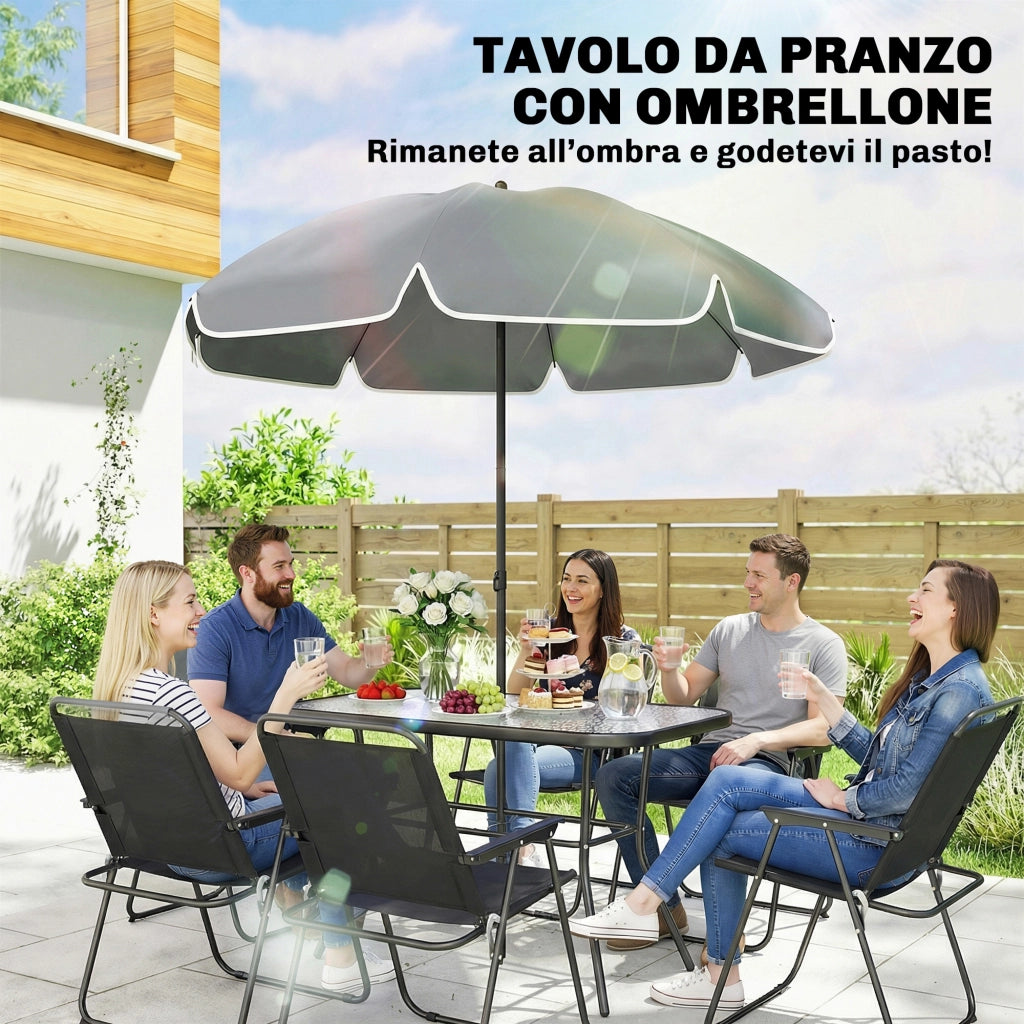 Set 8 Pezzi da Giardino con Ombrellone 6 Sedie Pieghevoli e Tavolo da Esterno in Vetro Temperato Nero