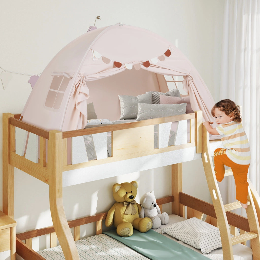 Tenda castello letto matrimoniale 2 finestre bandiere pieghevole-Tenda gioco portatile privacy per bambini 3+ anni Beige