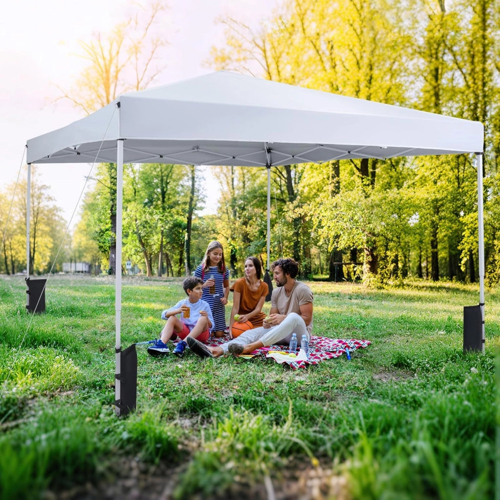 Gazebo da Esterno Pieghevole 290 x 290 cm, Gazebo Pop up con 4 Sacchi di Sabbia e Borsa da Trasporto, Regolabile in Altezza, Telaio Robusto in Metallo, per Mercato, Campeggio (Bianco)