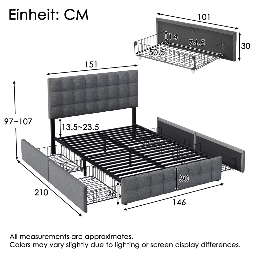 Letto imbottito matrimoniale 140x200 cm con 4 cassetti; testiera regolabile; grigio