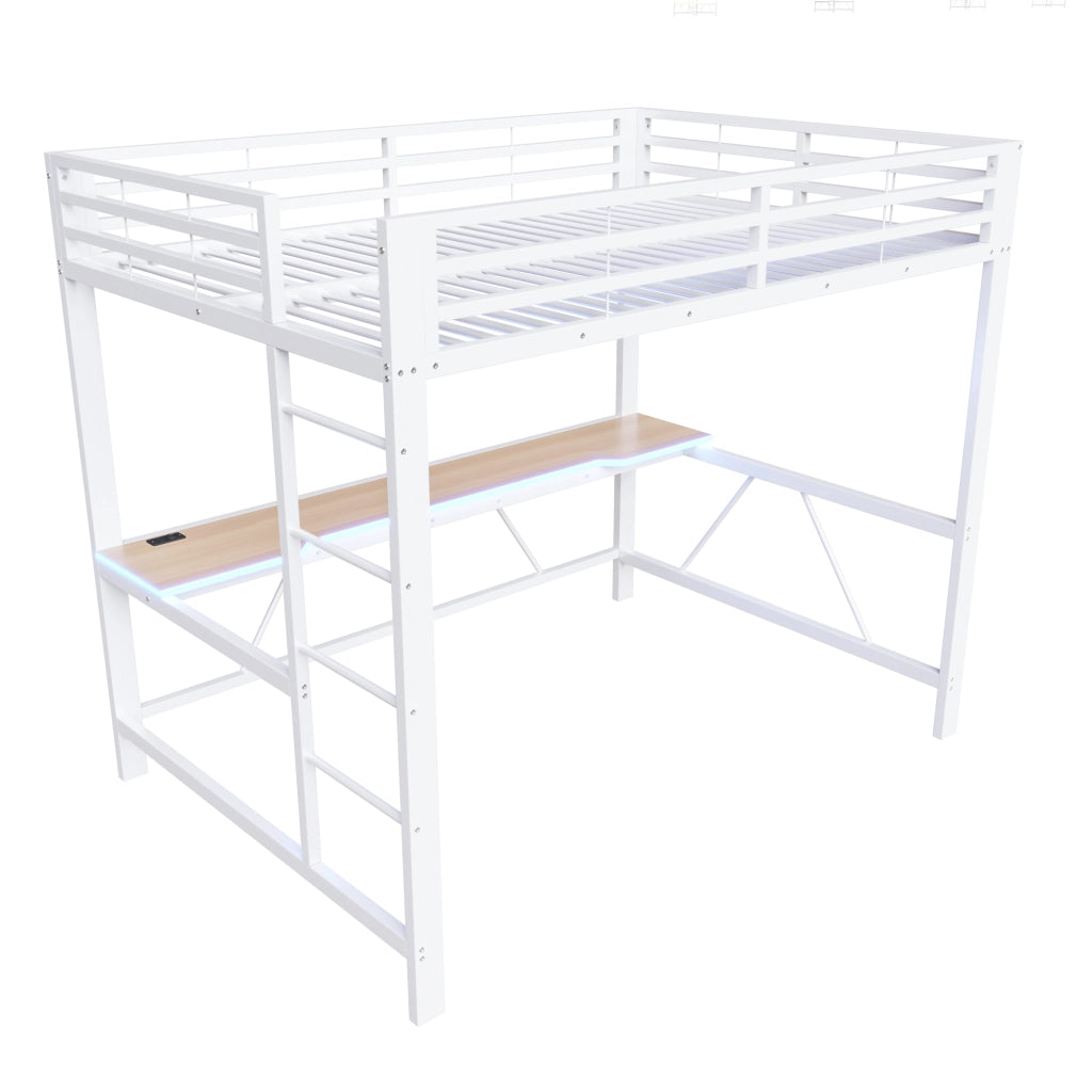 Letto a soppalco 140 × 200 cm con scrivania, LED e USB, senza materasso, metallo e MDF, bianco