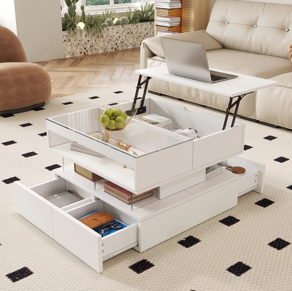 Tavolino da salotto con piano sollevabile 70 x 67 x 57 cm; LED 16 colori; vetro; bianco