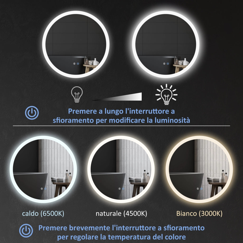 Specchio Bagno LED Antiappannamento ¨C Zephmum ¨C Metallo e Vetro, Bianco, ?70x3 cm