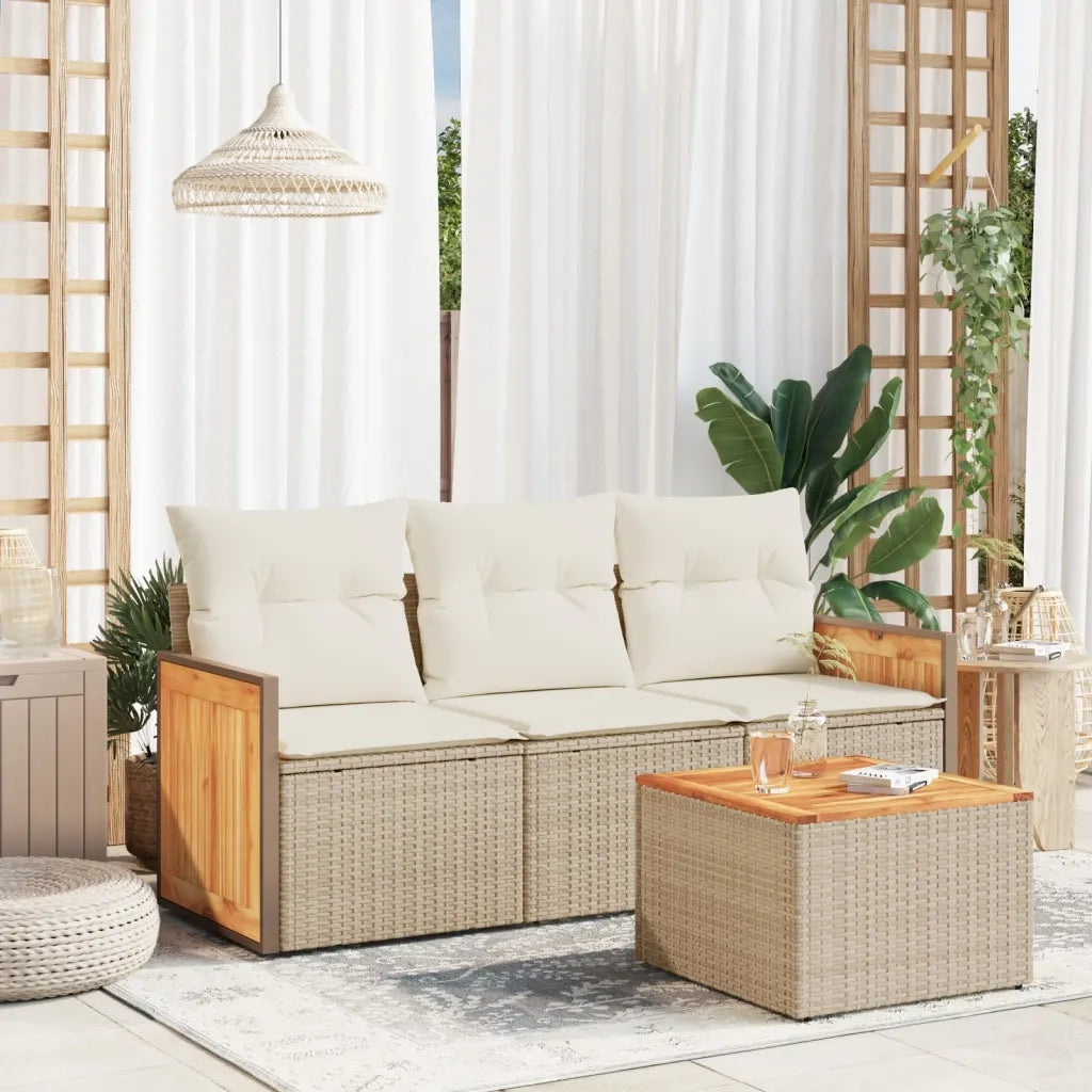 Set Divano da Giardino 4 pz | Set Salotto da Giardino con Cuscini Beige in Polyrattan