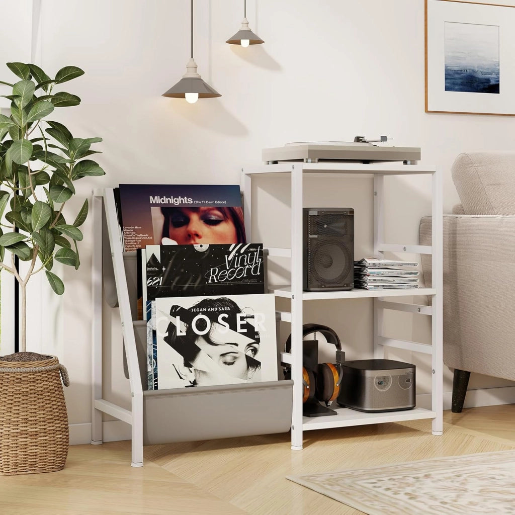 GIANTEX Supporto per giradischi, mobile platino in vinile con 3 ripiani aperti, 6 tasche, per 200 album, telaio in metallo, combinazione flessibile, per soggiorno, studio, camera da letto (nero)