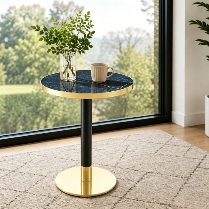 Tavolino rotondo 60x73;7 cm con piano effetto marmo blu in MDF e struttura in metallo