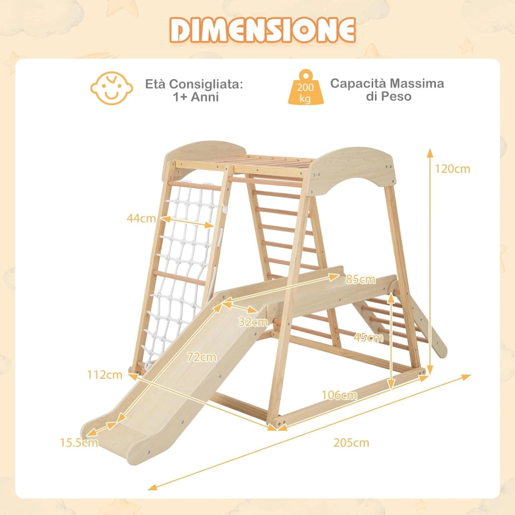 6 in 1 Set Arrampicata per Bambini, Palestra in Legno con Barre di Scimmia Scivolo Corda e Scale in Legno, Parco Giochi per Bambini 1+ Anni (Naturale)