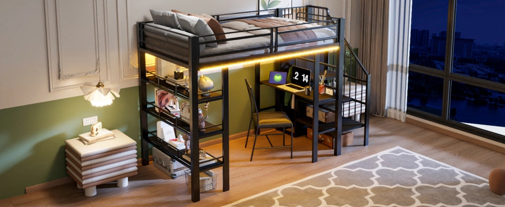 LETTO A CASTELLO 90x200 cm in metallo nero con scrivania e scaffale