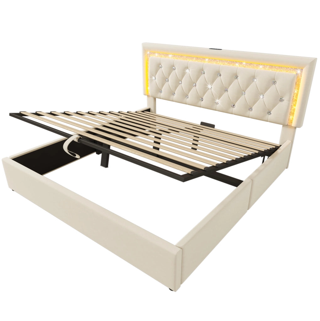 Letto matrimoniale 140x200 cm in velluto beige con LED; porta USB Type-C; contenitore e materasso