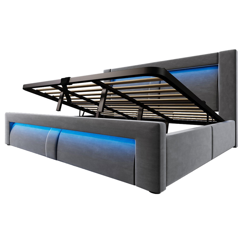 Letto matrimoniale-Xylo-180x200cm idraulico LED USB-C velluto grigio